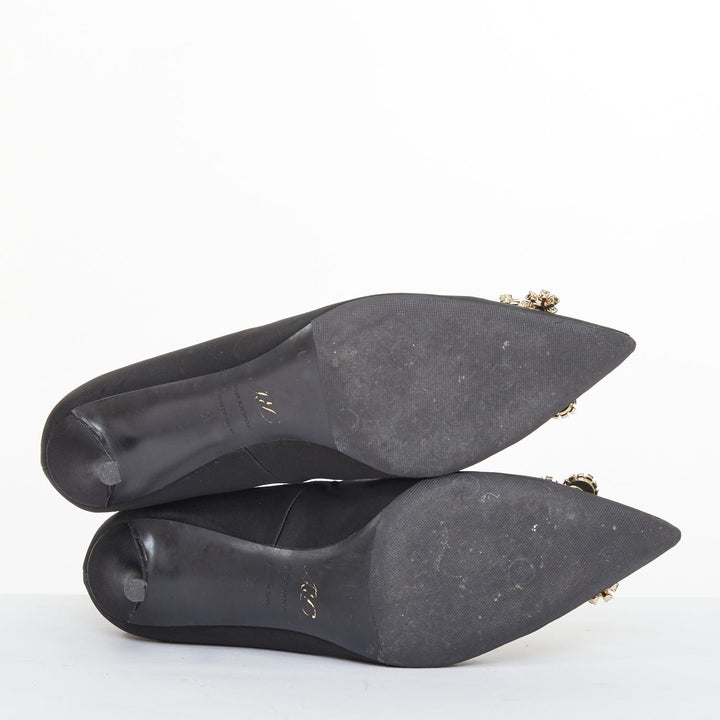 ROGER VIVIER Flower Strass black silk satin crystal buckle sock booties EU40