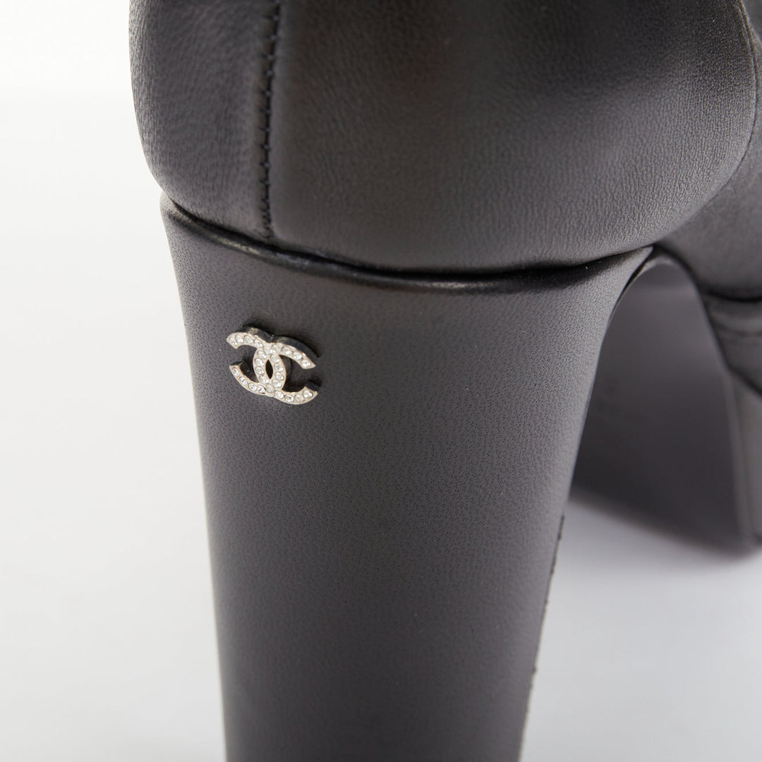 CHANEL 2024 black stretch leather cap toe platform block knee high boots EU38.5C