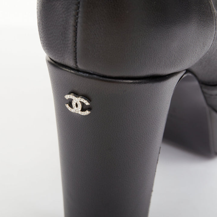 CHANEL 2024 black stretch leather cap toe platform block knee high boots EU38.5C