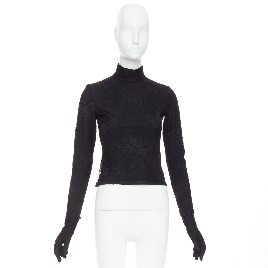 BALENCIAGA Demna 2022 black lace mock neck glove top FR34 XS Kim Kardashian