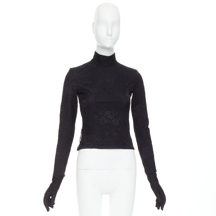BALENCIAGA Demna 2022 black lace mock neck glove top FR34 XS Kim Kardashian