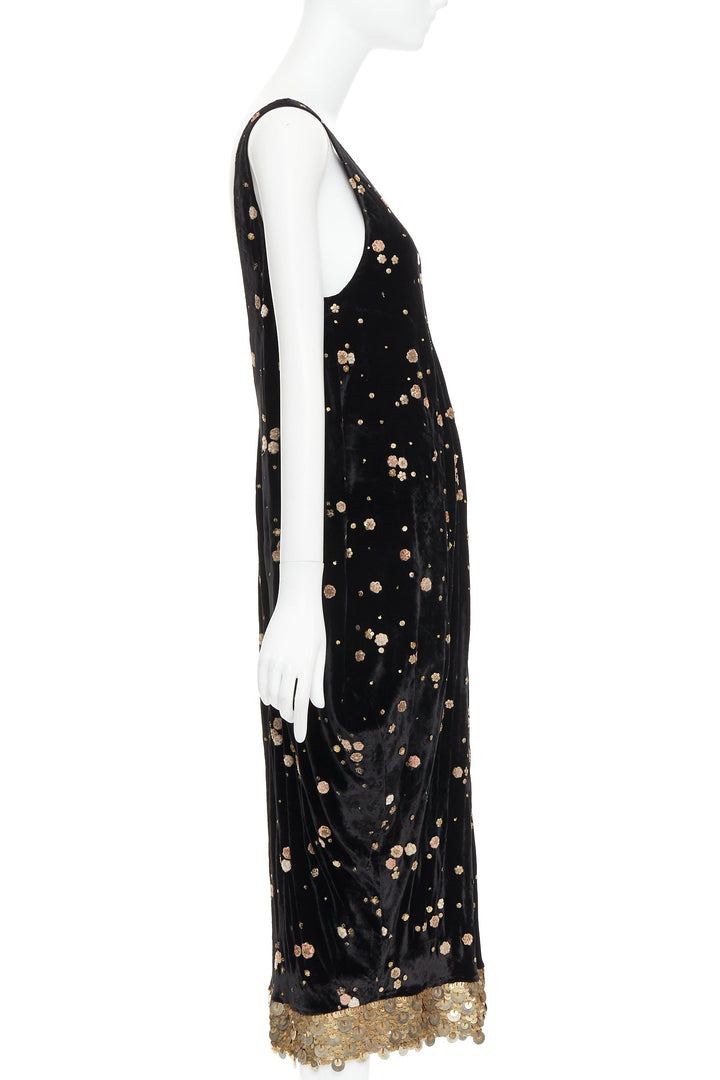 SABYASACHI black velvet gold floral applique sequins drape V neck dress S