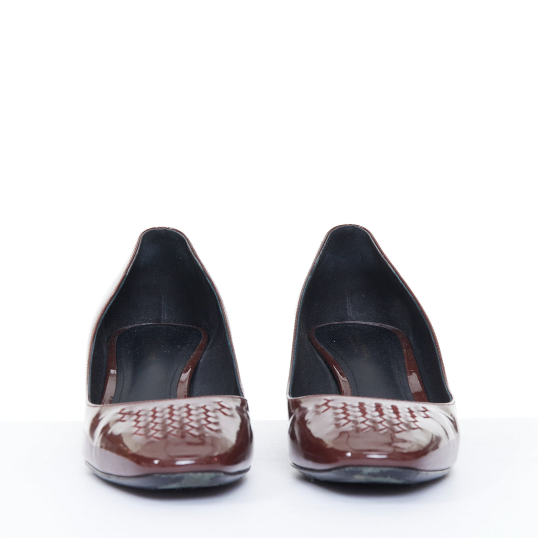 BOTTEGA VENETA burgundy patent leather intrecciato square toe block pumps EU37