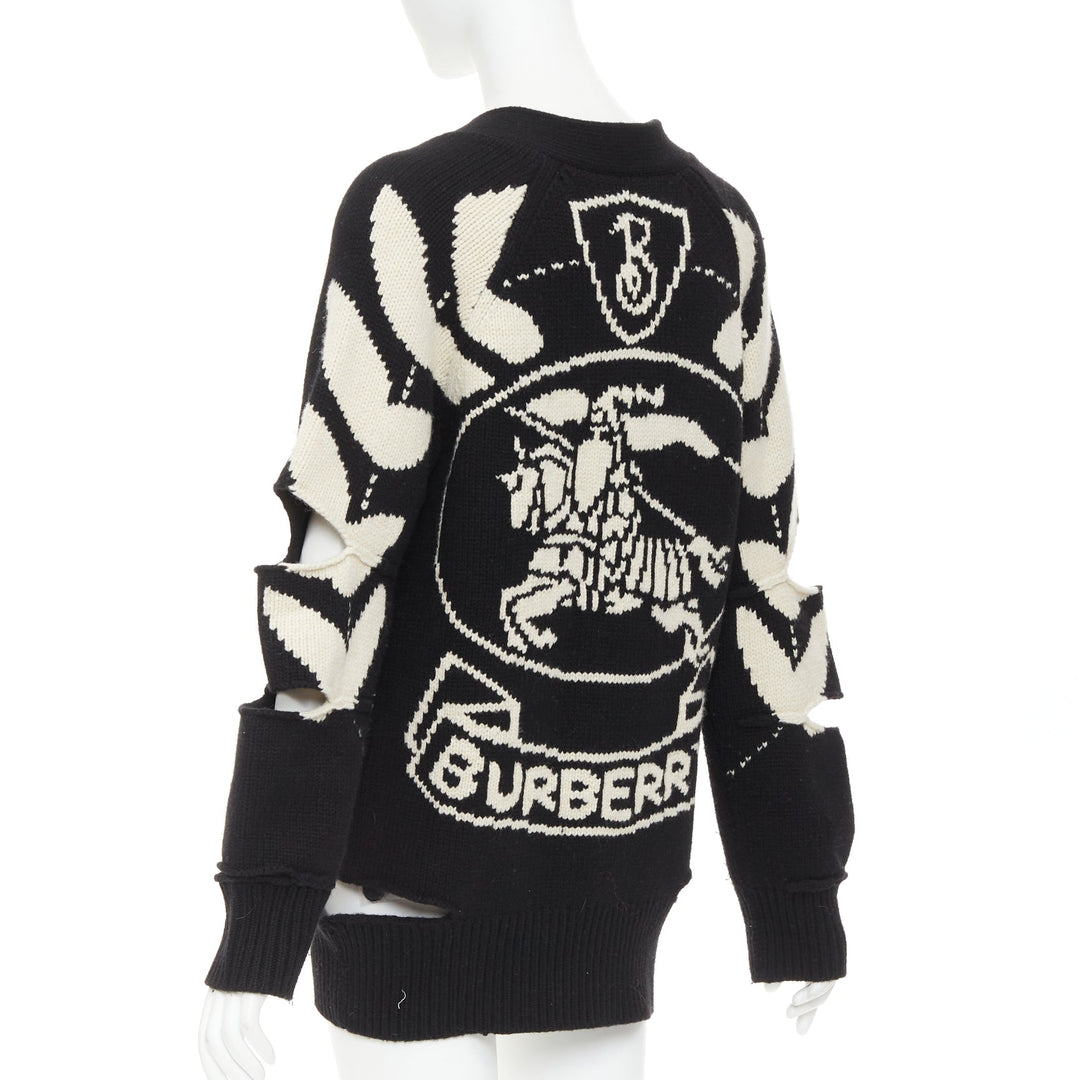 BURBERRY Nyla black cream merino wool cashmere logo intarsia cut out cardigan S