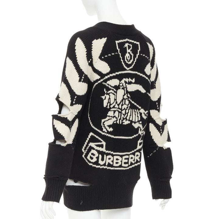 BURBERRY Nyla black cream merino wool cashmere logo intarsia cut out cardigan S