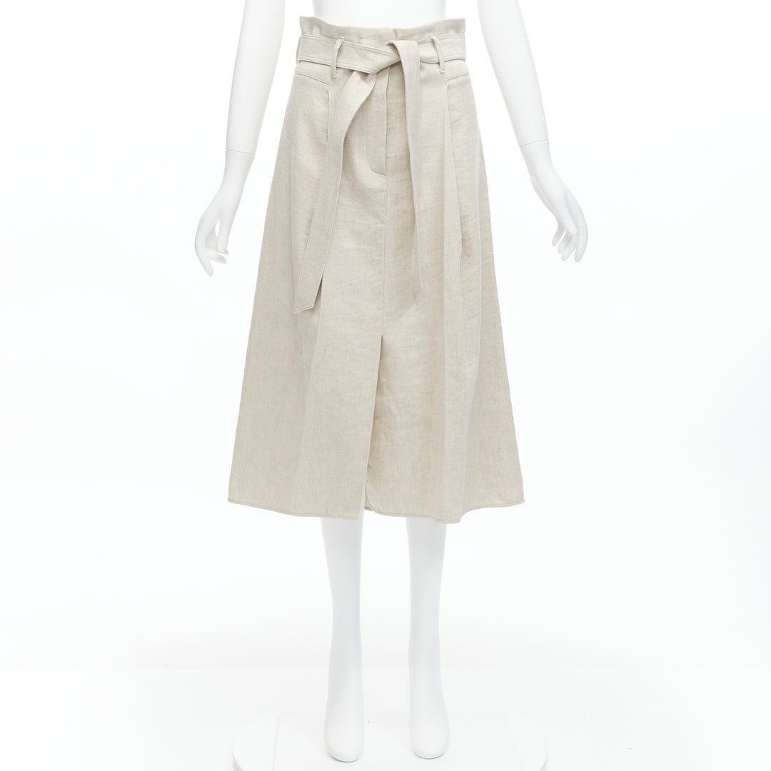 BRUNELLO CUCINELLI beige cotton linen tie belt A-line midi skirt IT40 S