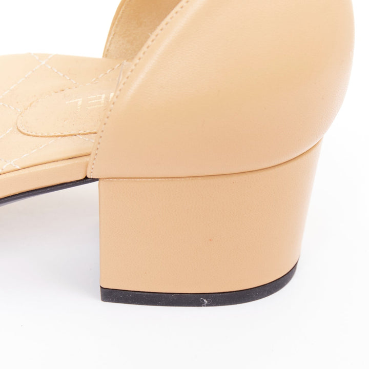 CHANEL nude quilted lambskin leather CC logo cap toe mary jane pumps EU39