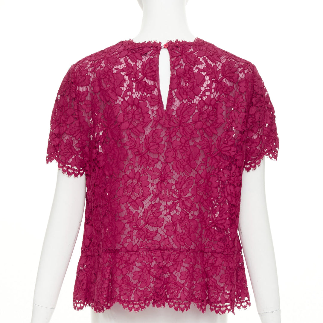 VALENTINO raspberry pink floral lace semi sheer peplum short sleeve top M