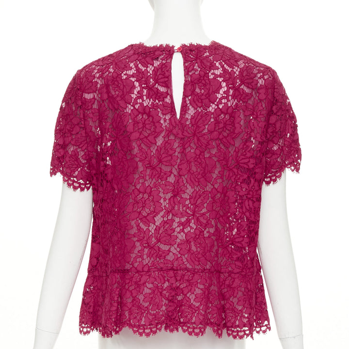 VALENTINO raspberry pink floral lace semi sheer peplum short sleeve top M