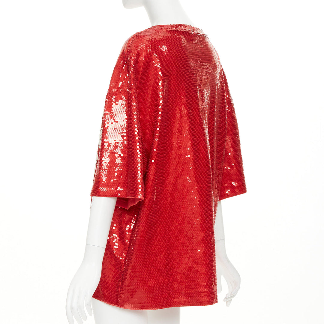 CELINE 2021 Runway red white sequin varsity logo oversized jersey tshirt S