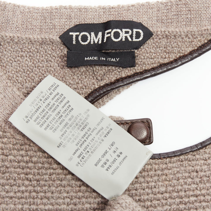 TOM FORD taupe fleece wool blend cut out leather collar sweater S