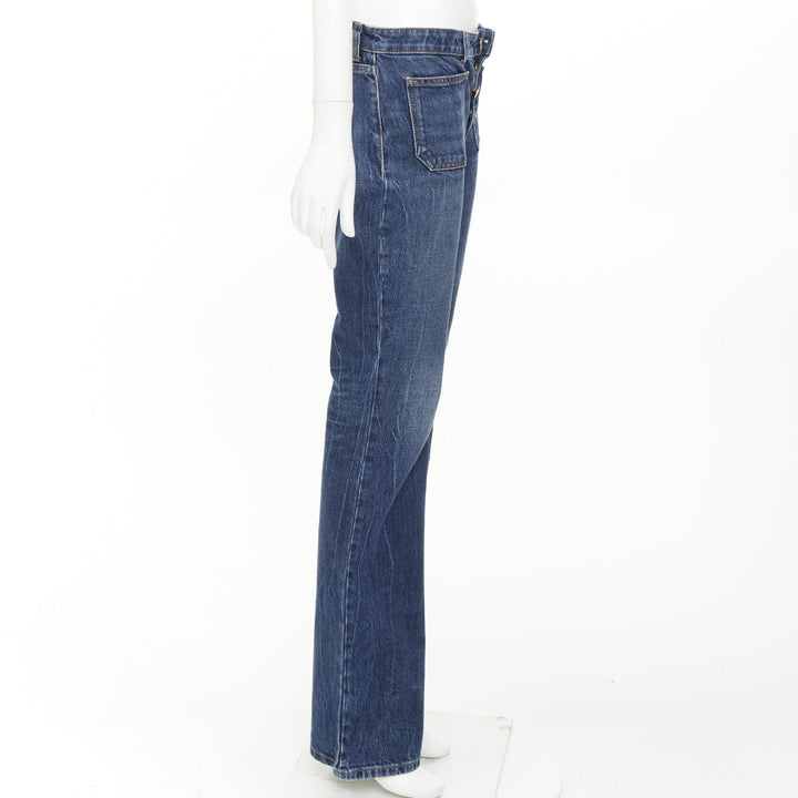 SAINT LAURENT 2018 blue washed denim patch pocket mid waist flare leg jeans 27"