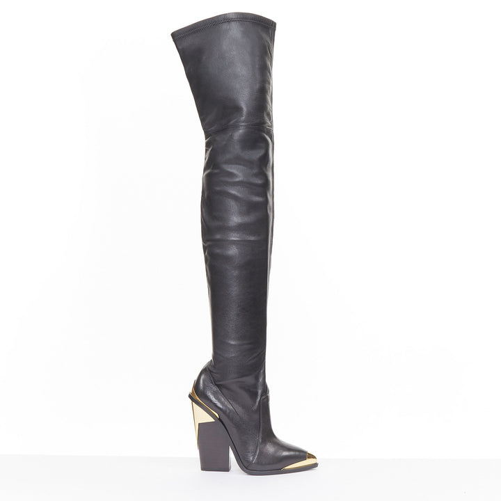 VERSACE 2014 Runway gold metal cap toe black leather thigh high boots EU37 US7