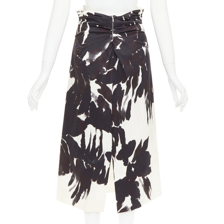 DRIES VAN NOTEN black white cotton watercolor floral print midi skirt FR38 M