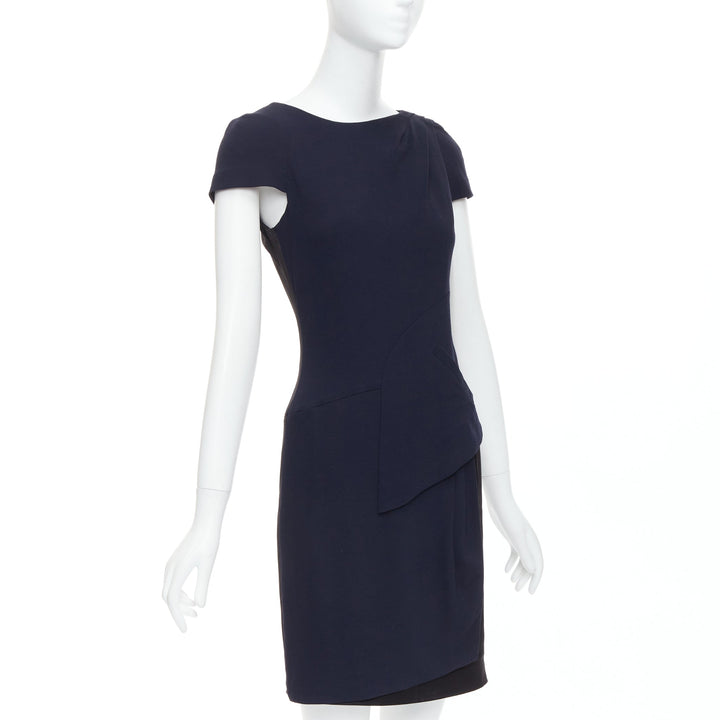 CHANEL navy black rayon wool blend draped pleated shift dress FR36 S