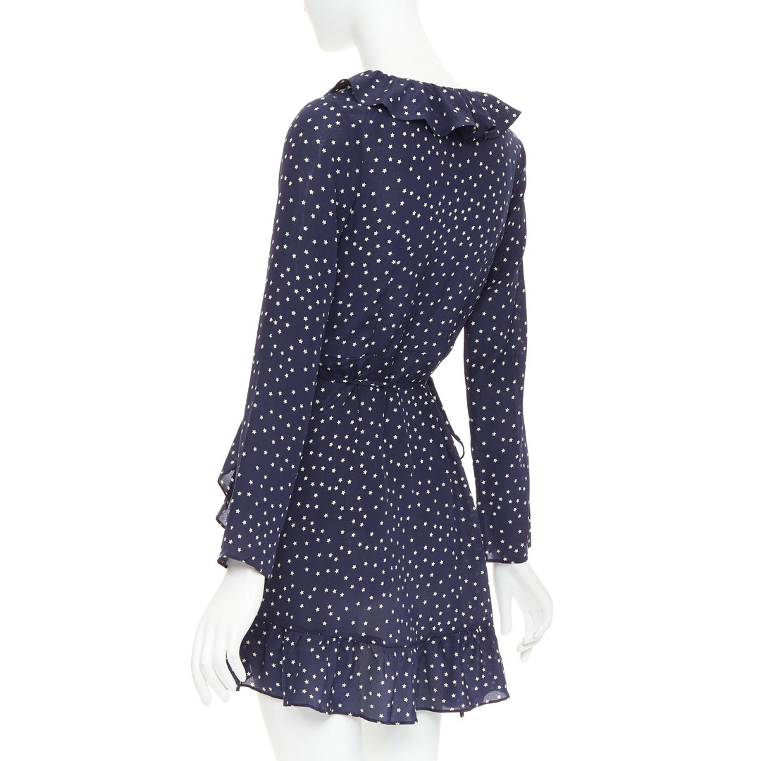 REALISATION Alexandra 100% silk navy white star print wrap tie mini dress S