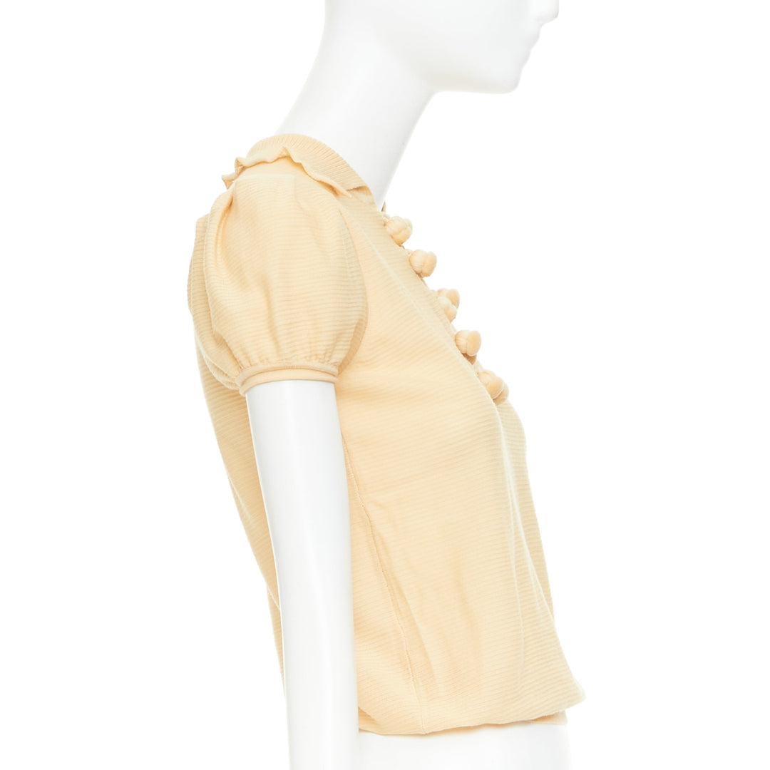 YVES SAINT LAURENT Rive Gauche beige wool pom pom button puff sleeve blouse XS