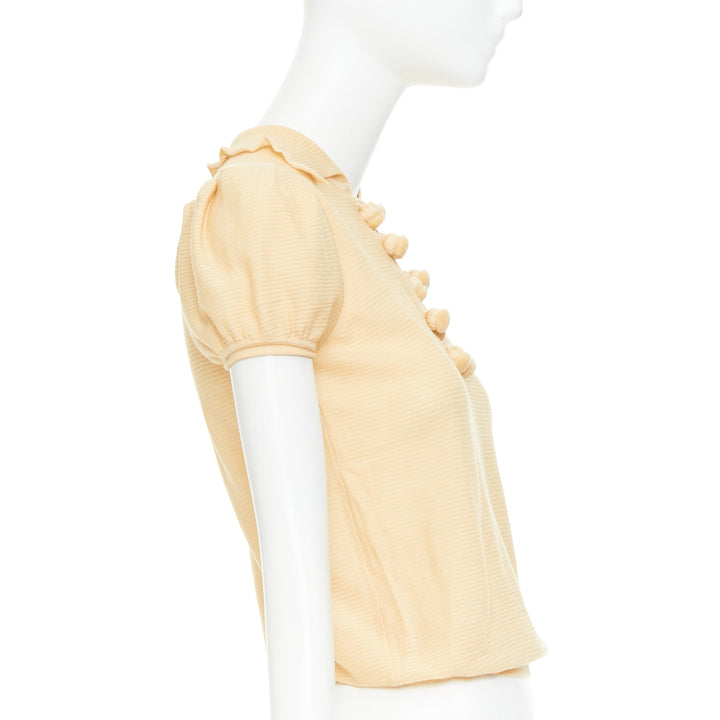 YVES SAINT LAURENT Rive Gauche beige wool pom pom button puff sleeve blouse XS