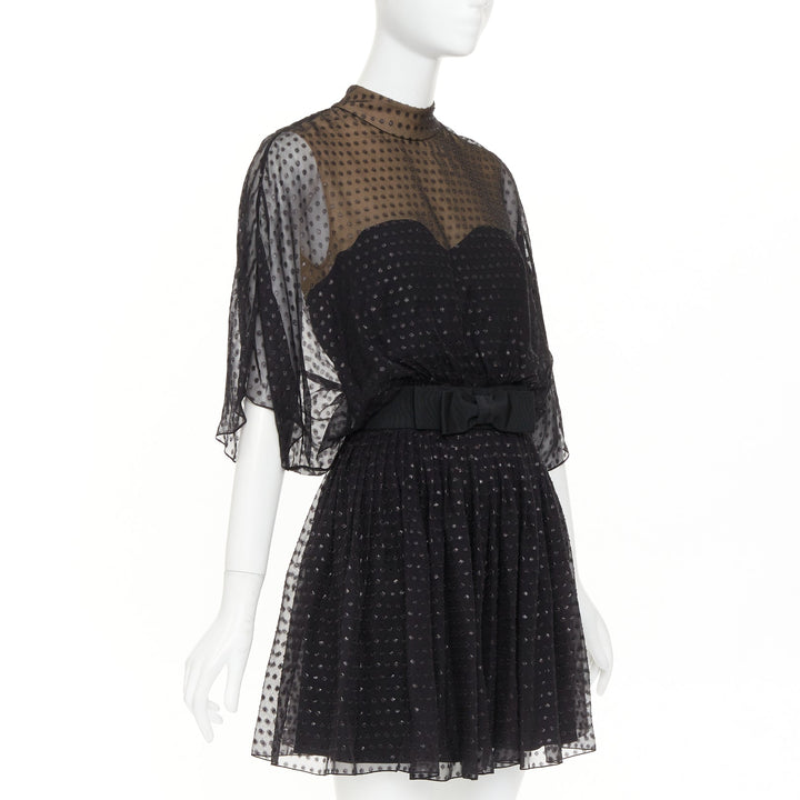 SAINT LAURENT 2014 black polka dot lurex semi sheer bow belt silk dress FR36 XS