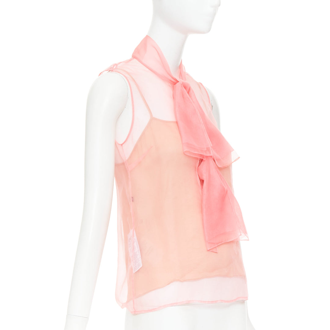 GUCCI 2015 pink silk organza sheer pussybow sleeveless blouse IT38 XS