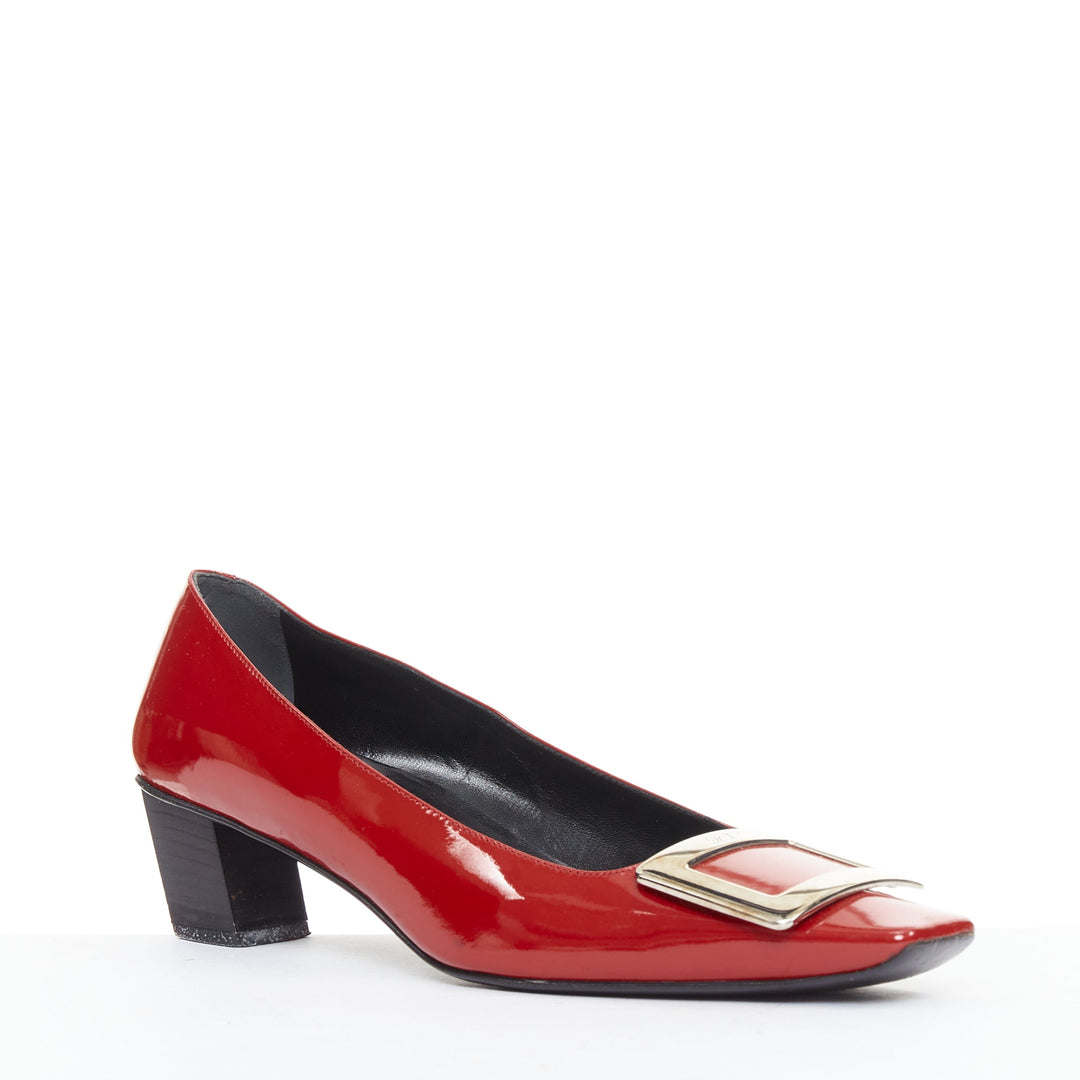 ROGER VIVIER Belle Vivier red patent leather square buckles heel pumps EU36.5
