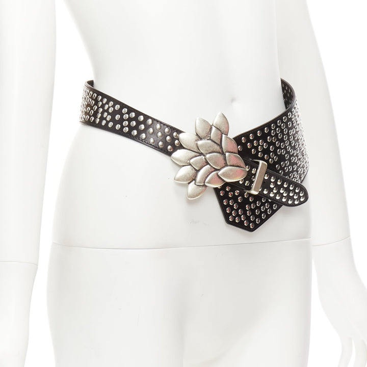 ISABEL MARANT Lowai silver petals buckle studded black leather wide belt S