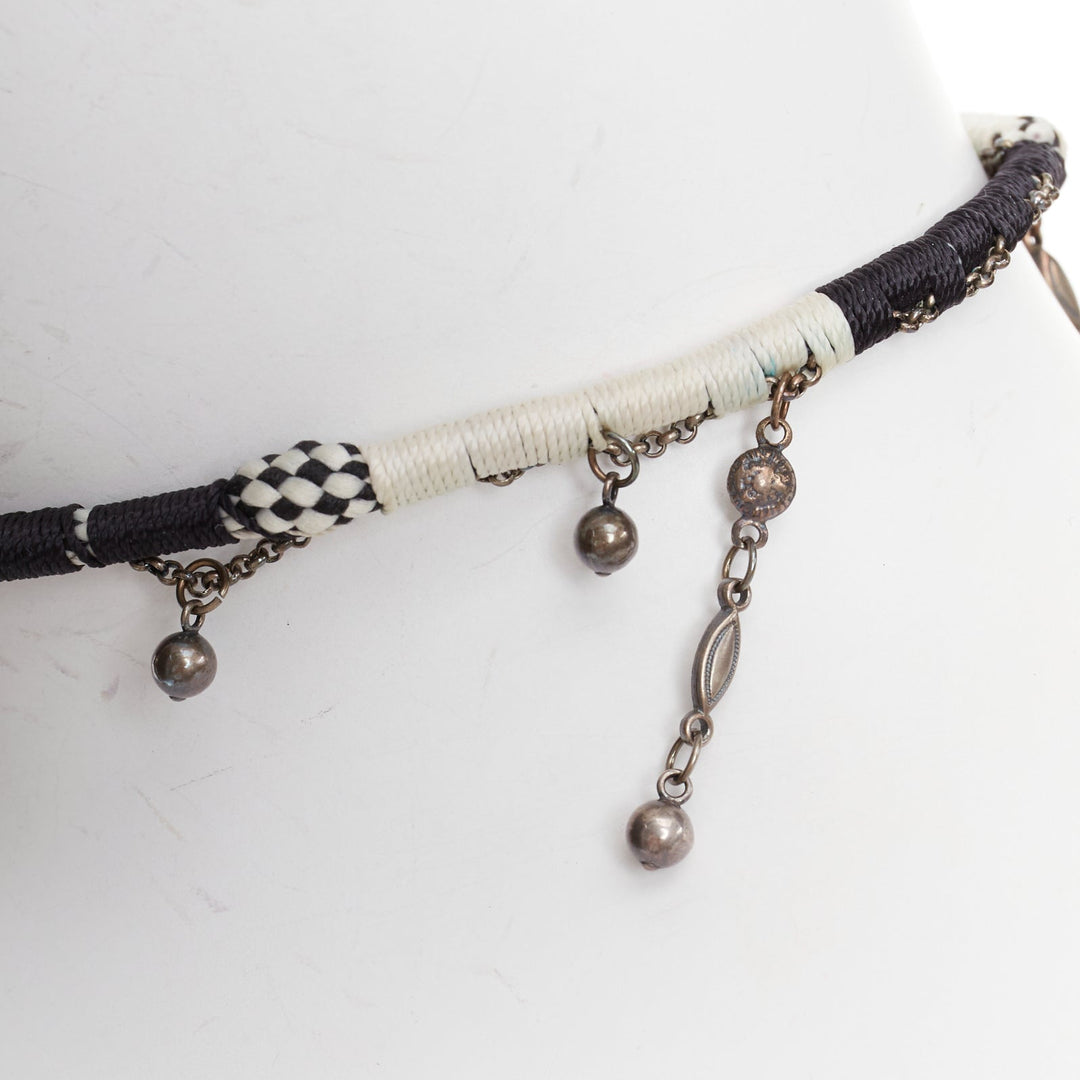 SAINT LAURENT black white braided tribal ball charms choker necklace