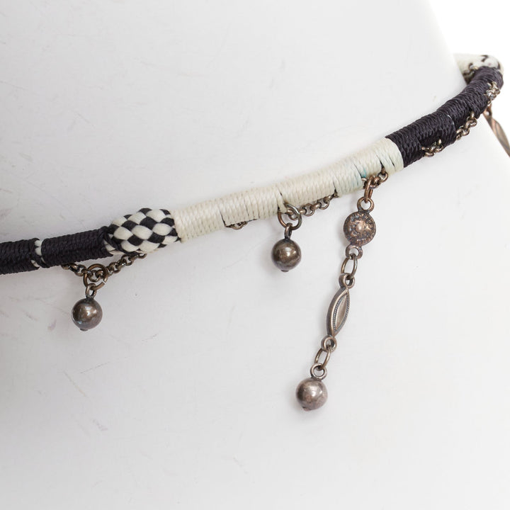 SAINT LAURENT black white braided tribal ball charms choker necklace