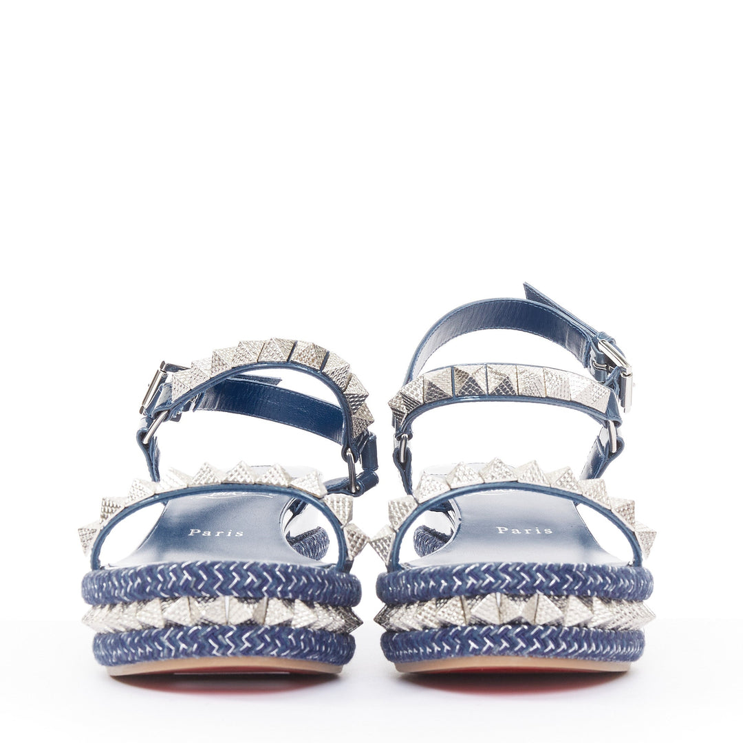 CHRISTIAN LOUBOUTIN Pyraclou 60 denim blue spikes platform wedges EU38