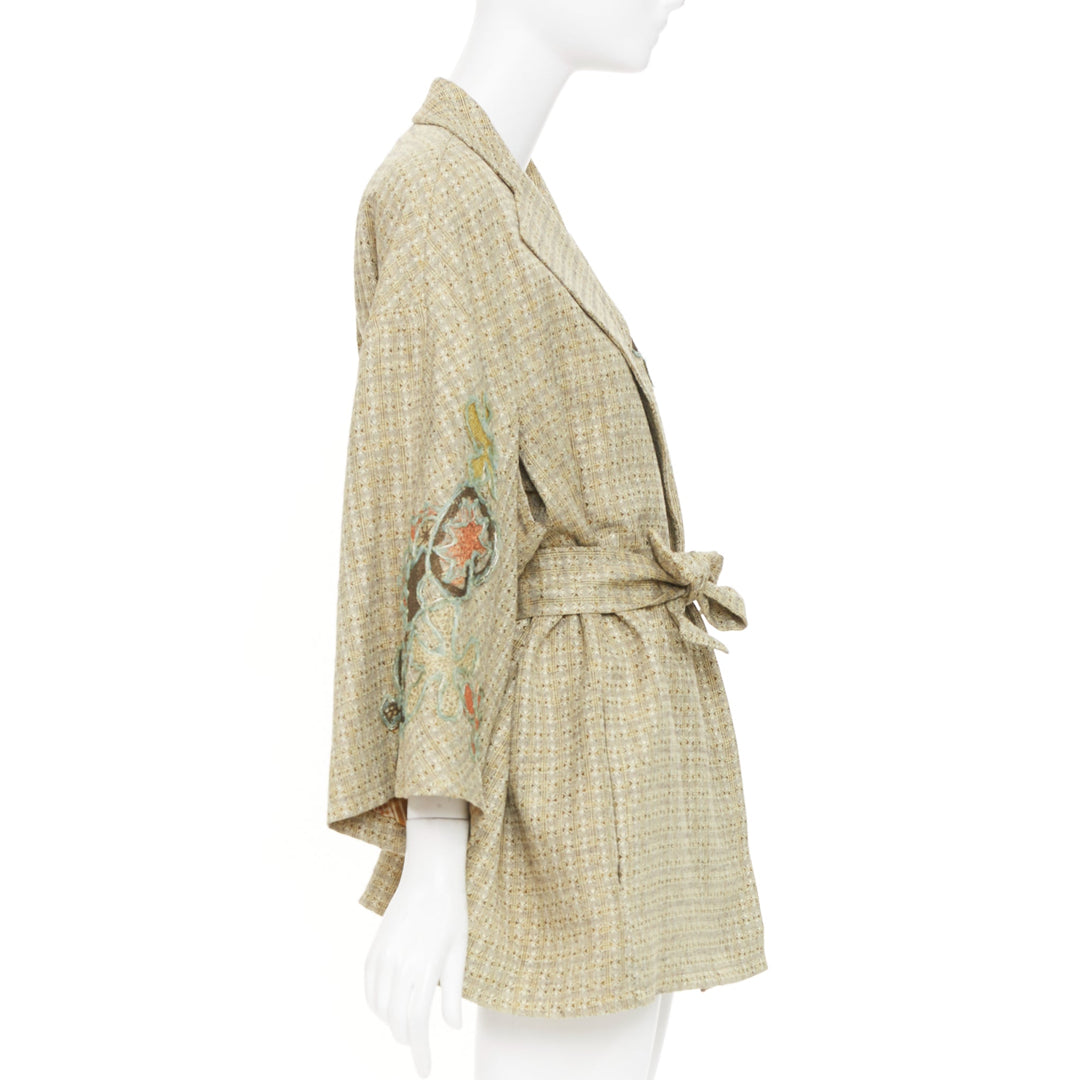 CHRISTIAN LACROIX Vintage gold tweed floral embroidered belted jacket FR42 L