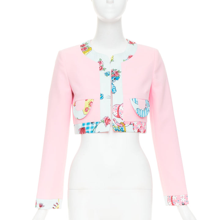 MOSCHINO COUTURE! 2022 Runway Calico Animals pink blue bolero jacket IT38 XS