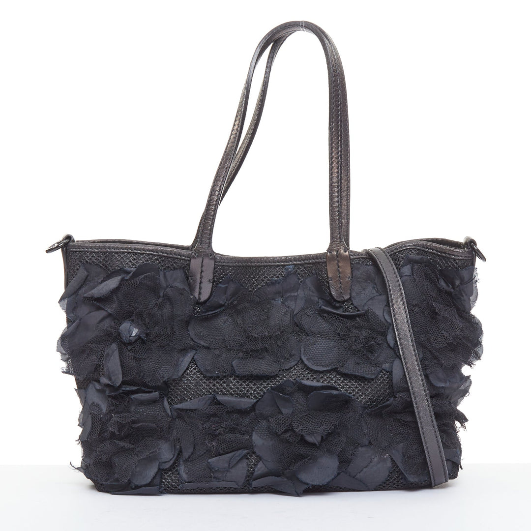 VALENTINO black fabric mesh floral lace applique leather trim crossbody tote bag