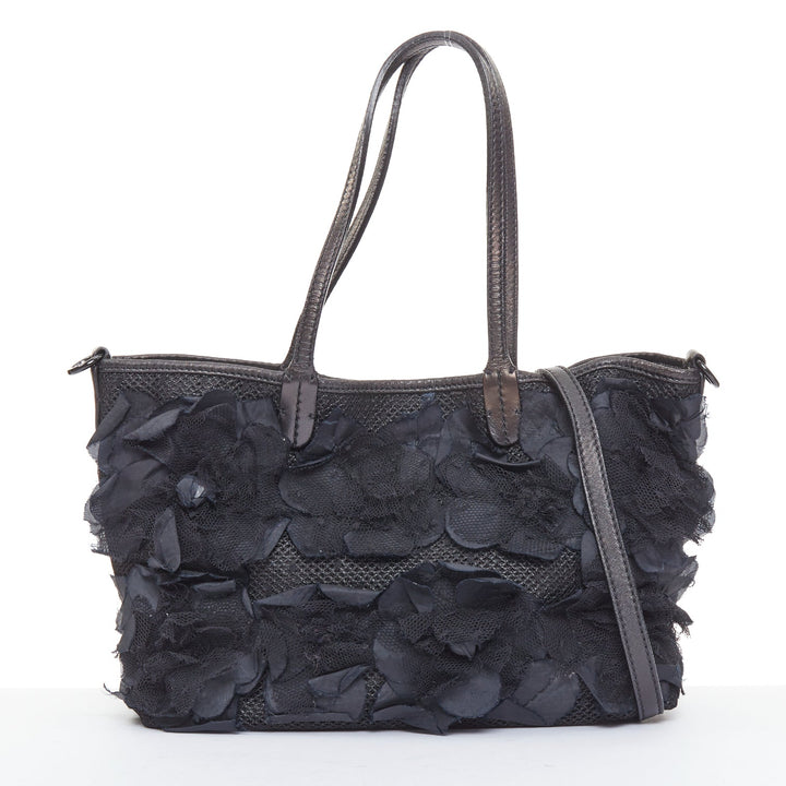 VALENTINO black fabric mesh floral lace applique leather trim crossbody tote bag