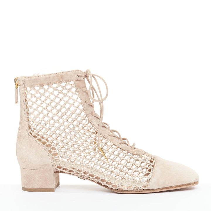 DIOR 2019 Naughtily-D beige suede net mesh lace up block ankle boots EU37.5