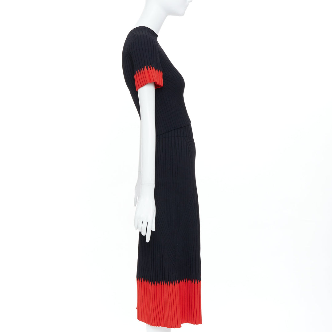 ALEXANDER MCQUEEN 2018 black red chevron bicolor rib knit crop top skirt set XS