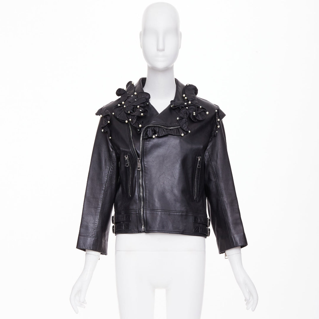 GUCCI 2016 black lambskin leather faux pearl ruffle collar biker jacket IT40 S