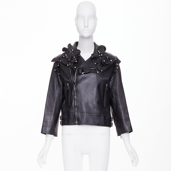GUCCI 2016 black lambskin leather faux pearl ruffle collar biker jacket IT40 S