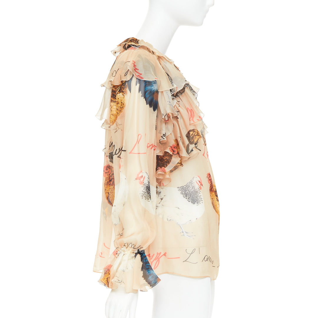 DOLCE GABBANA 100% silk beige chiken hen print sheer ruffled blouse IT38 XS