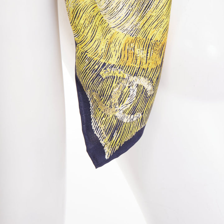 CHANEL navy gold graphic cc camellia logo print silk twill square scarf
