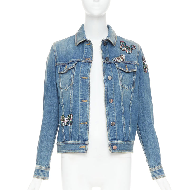VALENTINO blue denim multicolor jewel butterfly embellish trucker jacket IT40 S