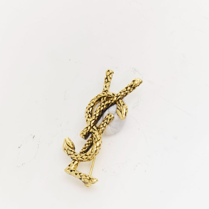 SAINT LAURENT 2022 Cassandre Opyum Snake YSL aged gold textured metal pin brooch
