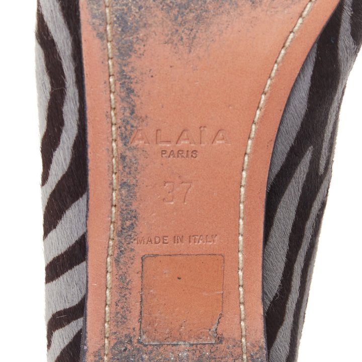 ALAIA grey black calf hair zebra print black grosgrain bow ballet flats EU37