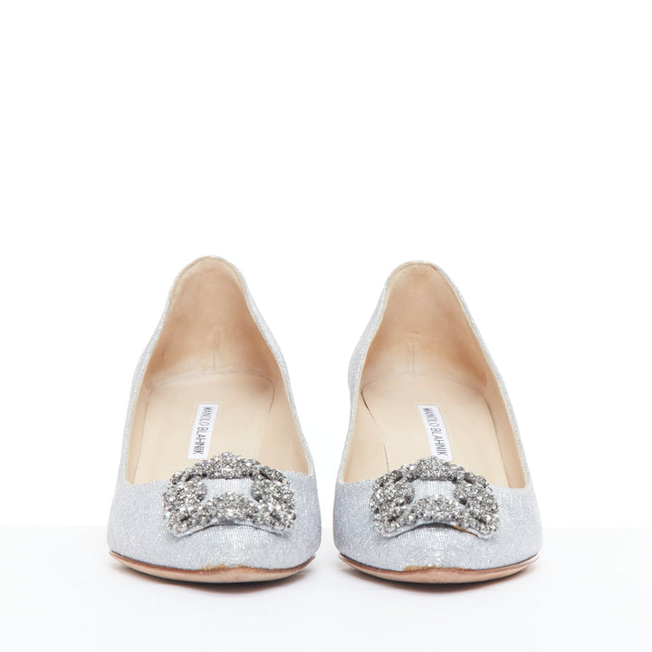 MANOLO BLAHNIK Hangisi 60 silver fabric crystal buckle pumps EU39