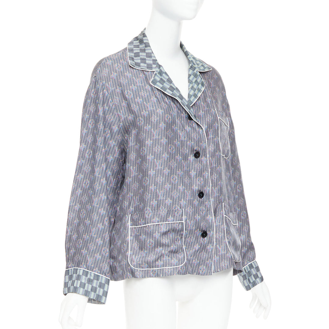 LOUIS VUITTON silk purple Damier Check Jacquard monogram pajama shirt FR36 S