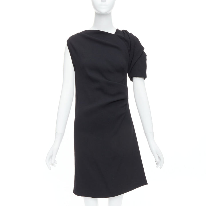 DRIES VAN NOTEN black wool blend asymmetric sleeve drape dress FR36 S