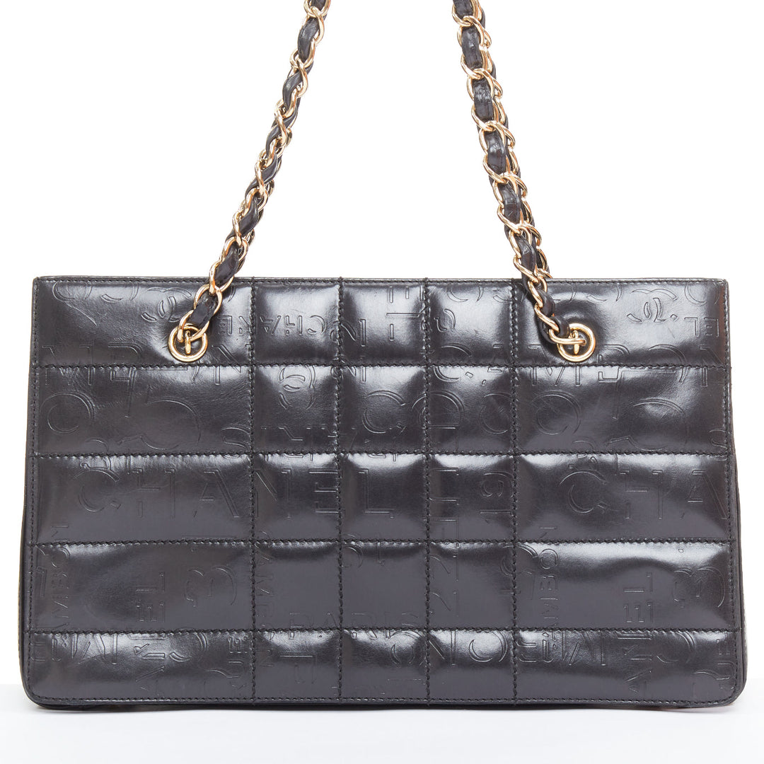 CHANEL Vintage 2002 Chocolate Bar black leather logo embossed chain tote bag