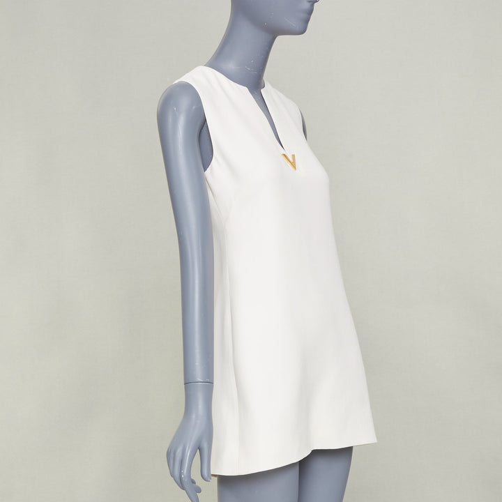 VALENTINO 2023 ivory wool silk crepe VGOLD logo metal plate neck dress IT38 XS