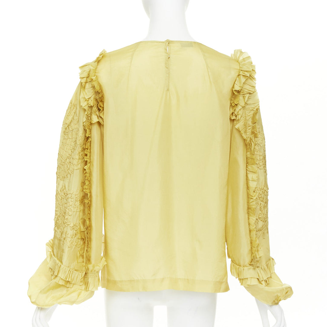 DRIES VAN NOTEN yellow 100% silk ruffle applique puff sleeve blouse FR38 M