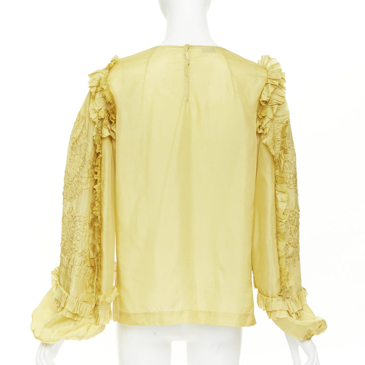 DRIES VAN NOTEN yellow 100% silk ruffle applique puff sleeve blouse FR38 M