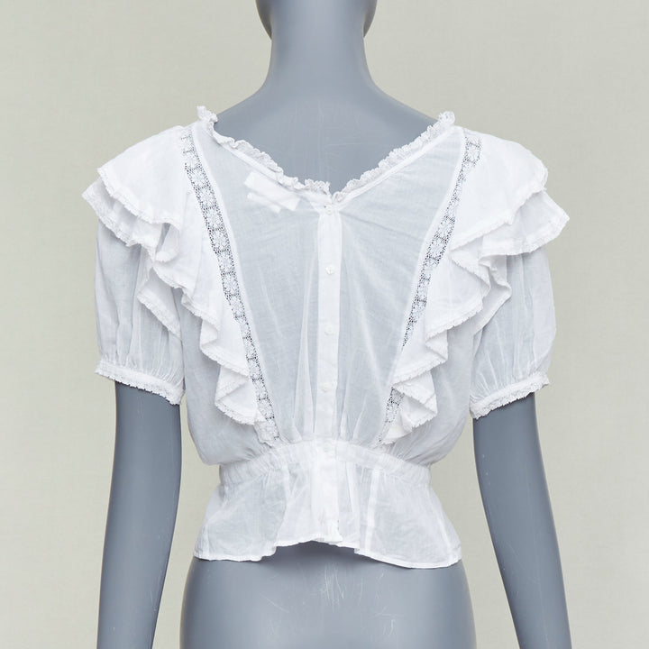 ISABEL MARANT Dentelle white cotton lace trim boho ruffle peasant top FR36 S